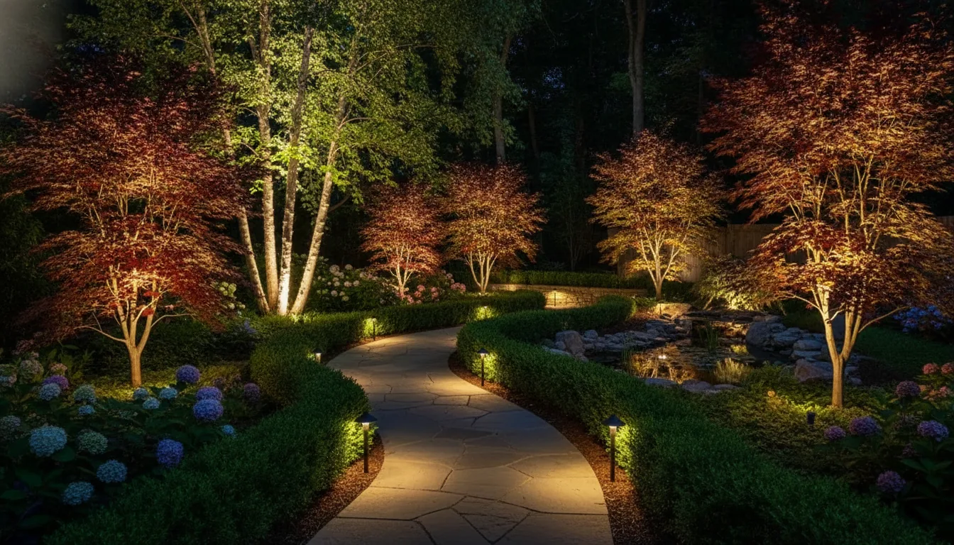 Layered garden and pathway lighting highlighting trees and planting