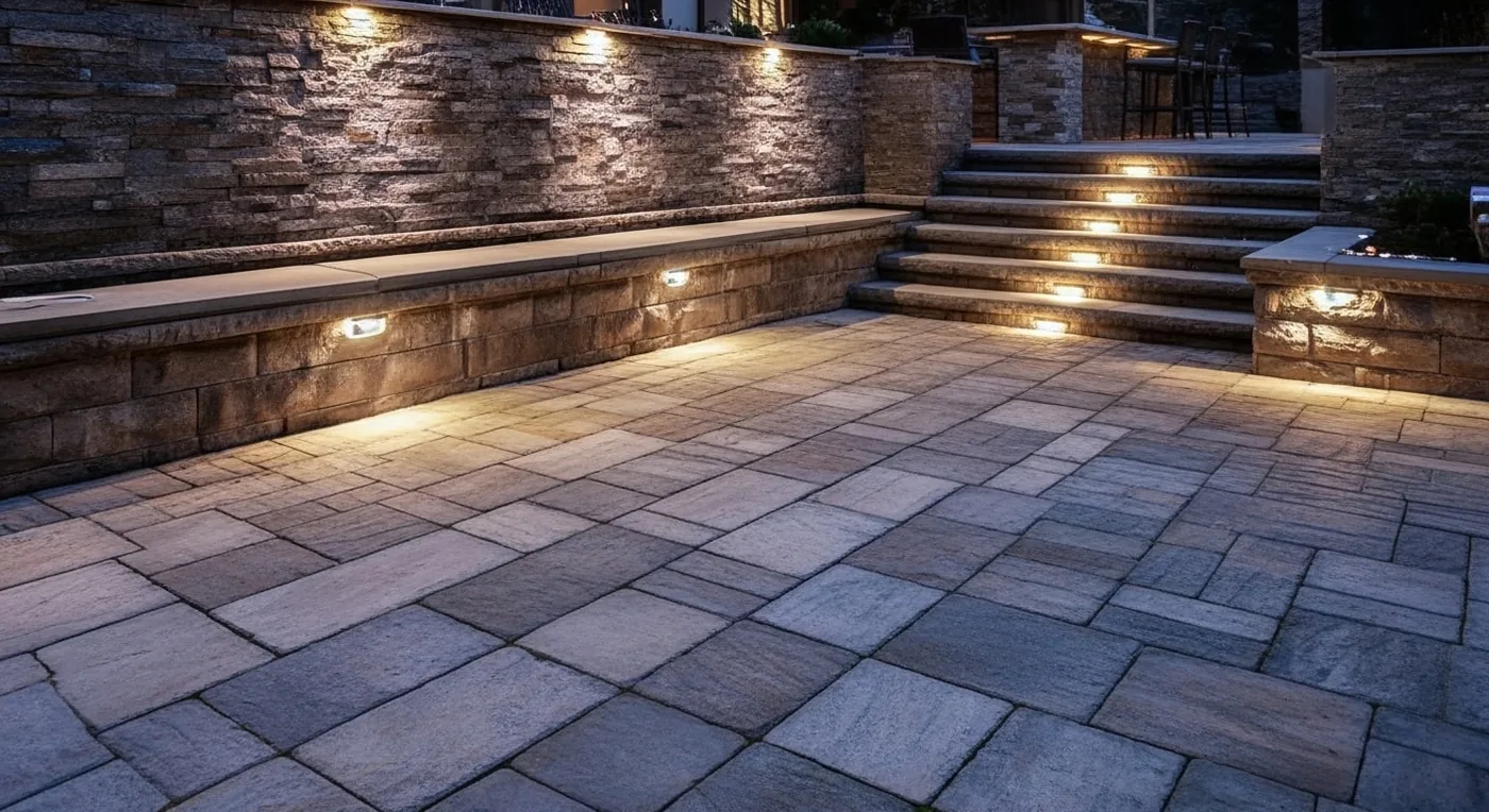 Hardscape lighting integrated into stone steps and retaining walls
