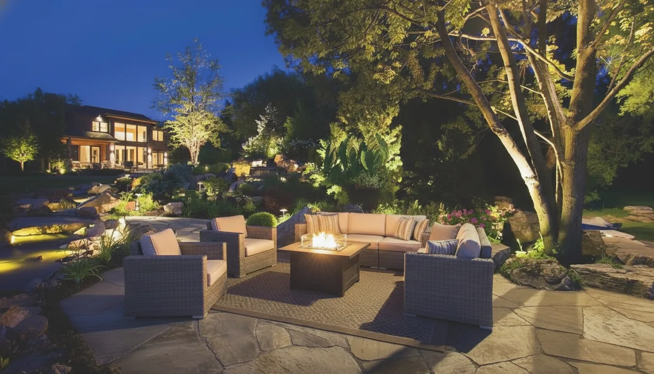 Low-voltage landscape lighting around a patio and garden at night