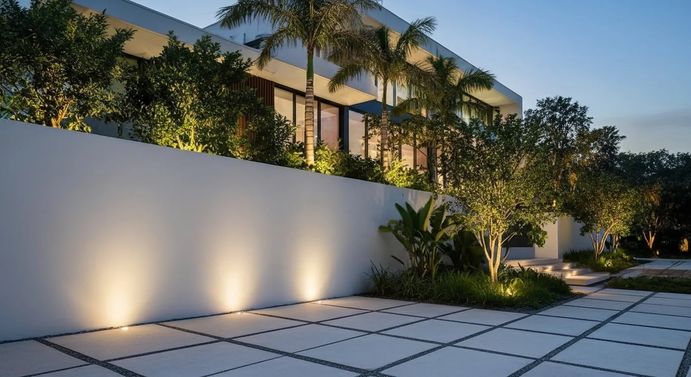 Landscape wall-wash lighting along a modern walkway and planting